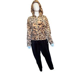 Juicy Couture Velour Black Jogger & Leopard Print Hoddie Polyester/Spandex L/XL
